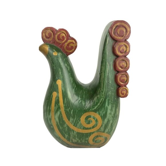 Hand Painted Green Gold Swirl Rooster Figurine Resin Farmhouse Country Decor - Picture 2 of 8